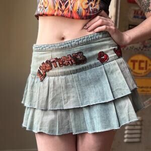 Vintage Y2K Miss Sixty Micro Mini Denim Skirt | Sequin Graphic | 28"